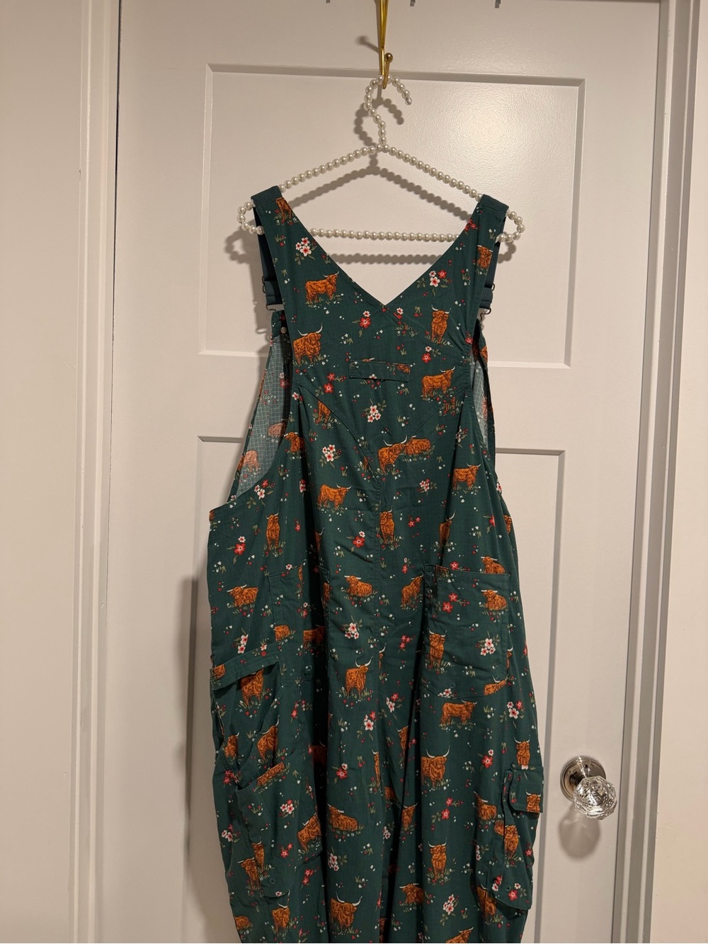 Duluth Trading Co Green Floral & Highland Cow women’s Overalls - Picture 6 of 9